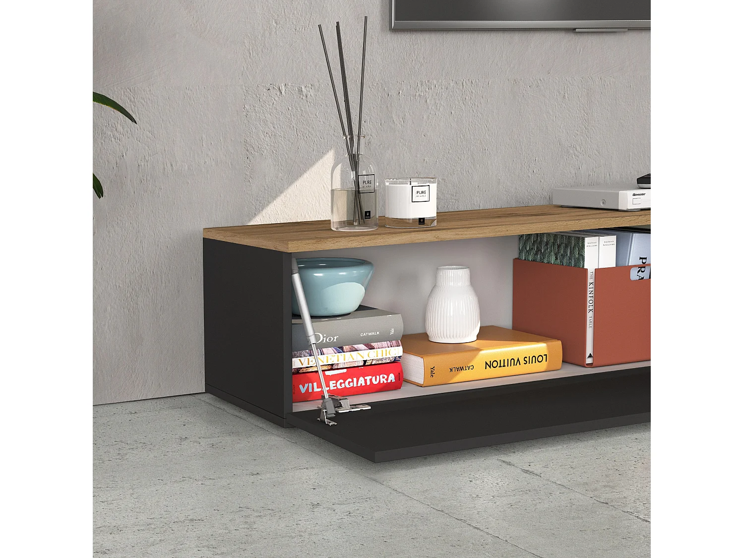 Mueble TV suspendido Iseo con 2 puertas y 1 puerta abatible, color antracita mate y roble, 200 x 35 x 30 cm