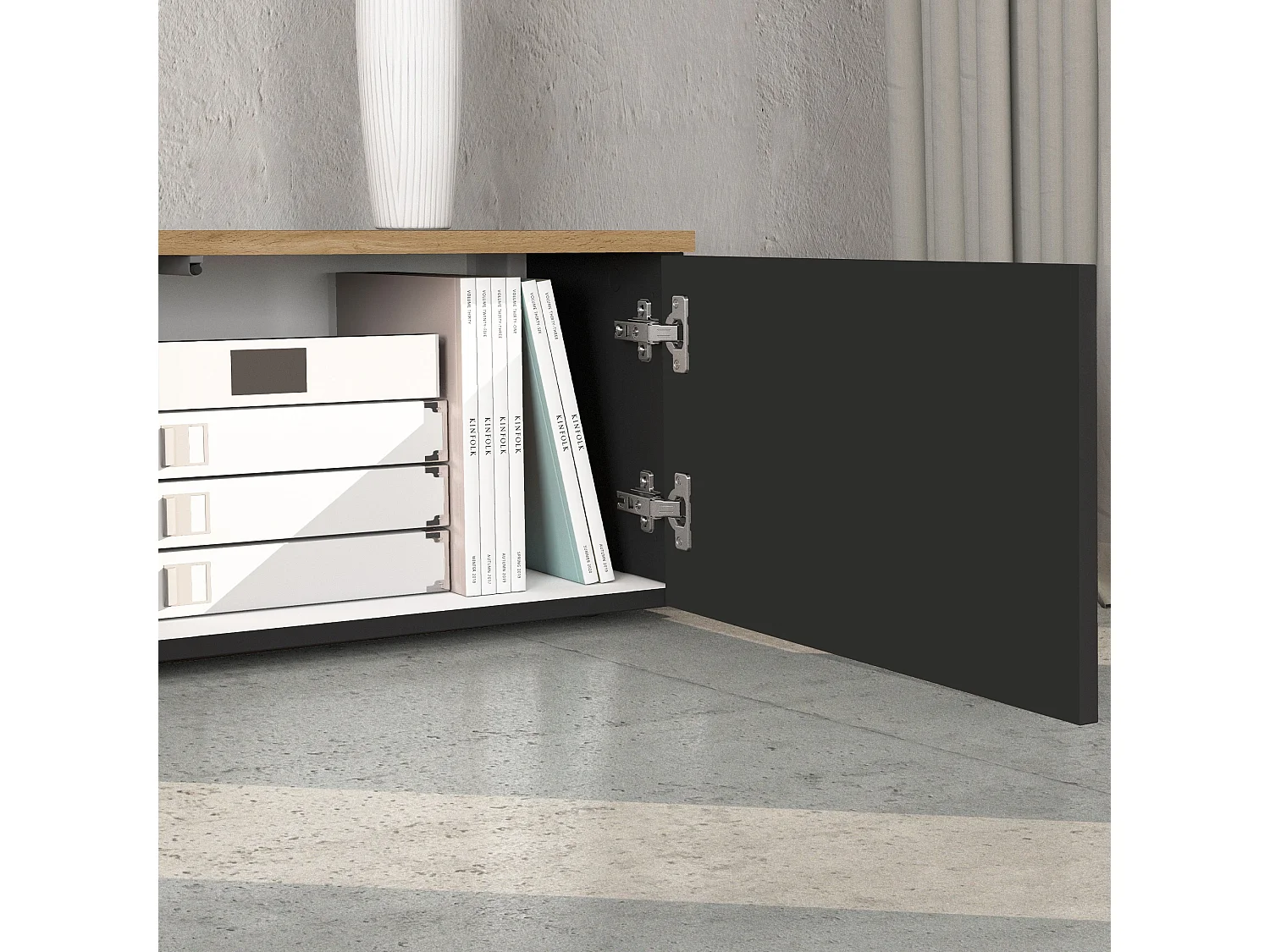 Mueble TV suspendido Iseo con 2 puertas y 1 puerta abatible, color antracita mate y roble, 200 x 35 x 30 cm