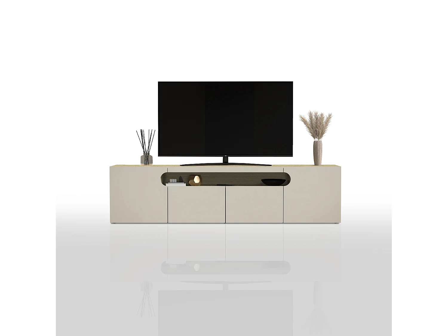Mueble TV Real con 4 puertas y 1 compartimento abierto en color cachemira y roble claro 240x40x60 cm