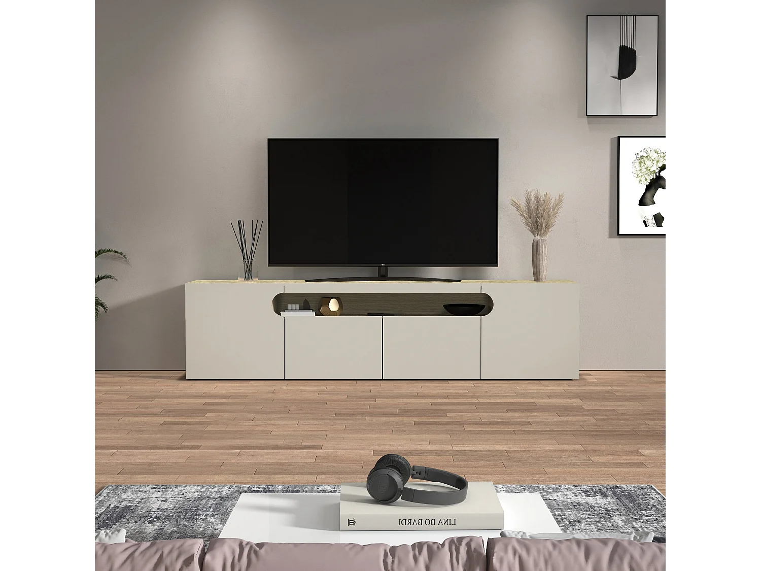 Mueble TV Real con 4 puertas y 1 compartimento abierto en color cachemira y roble claro 240x40x60 cm