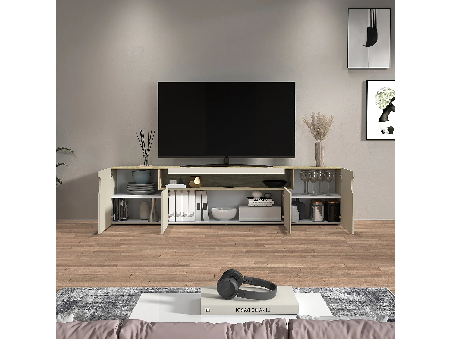 Mueble TV Real con 4 puertas y 1 compartimento abierto en color cachemira y roble claro 240x40x60 cm