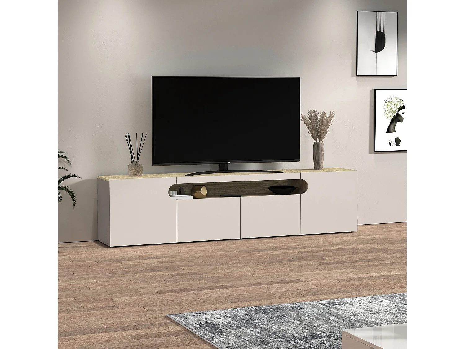 Mueble TV Real con 4 puertas y 1 compartimento abierto en color cachemira y roble claro 240x40x60 cm