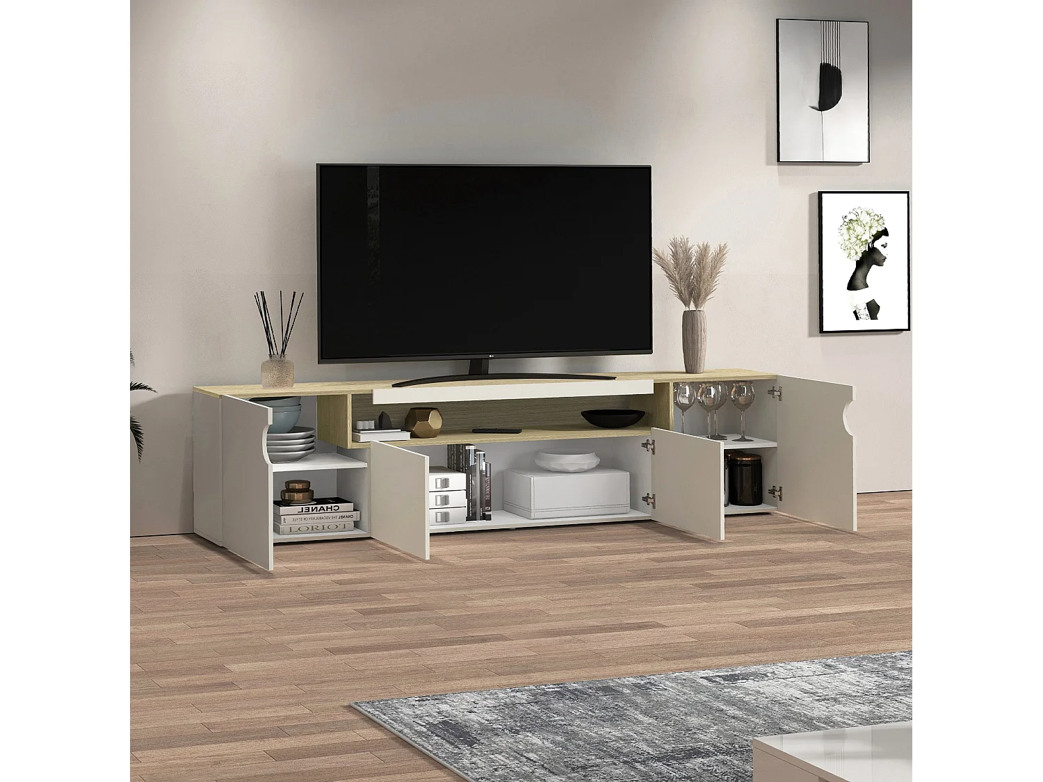 Mueble TV Real con 4 puertas y 1 compartimento abierto en color cachemira y roble claro 240x40x60 cm
