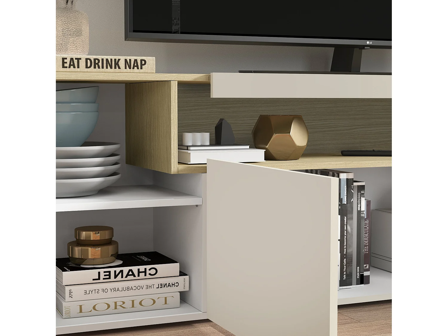 Mueble TV Real con 4 puertas y 1 compartimento abierto en color cachemira y roble claro 240x40x60 cm