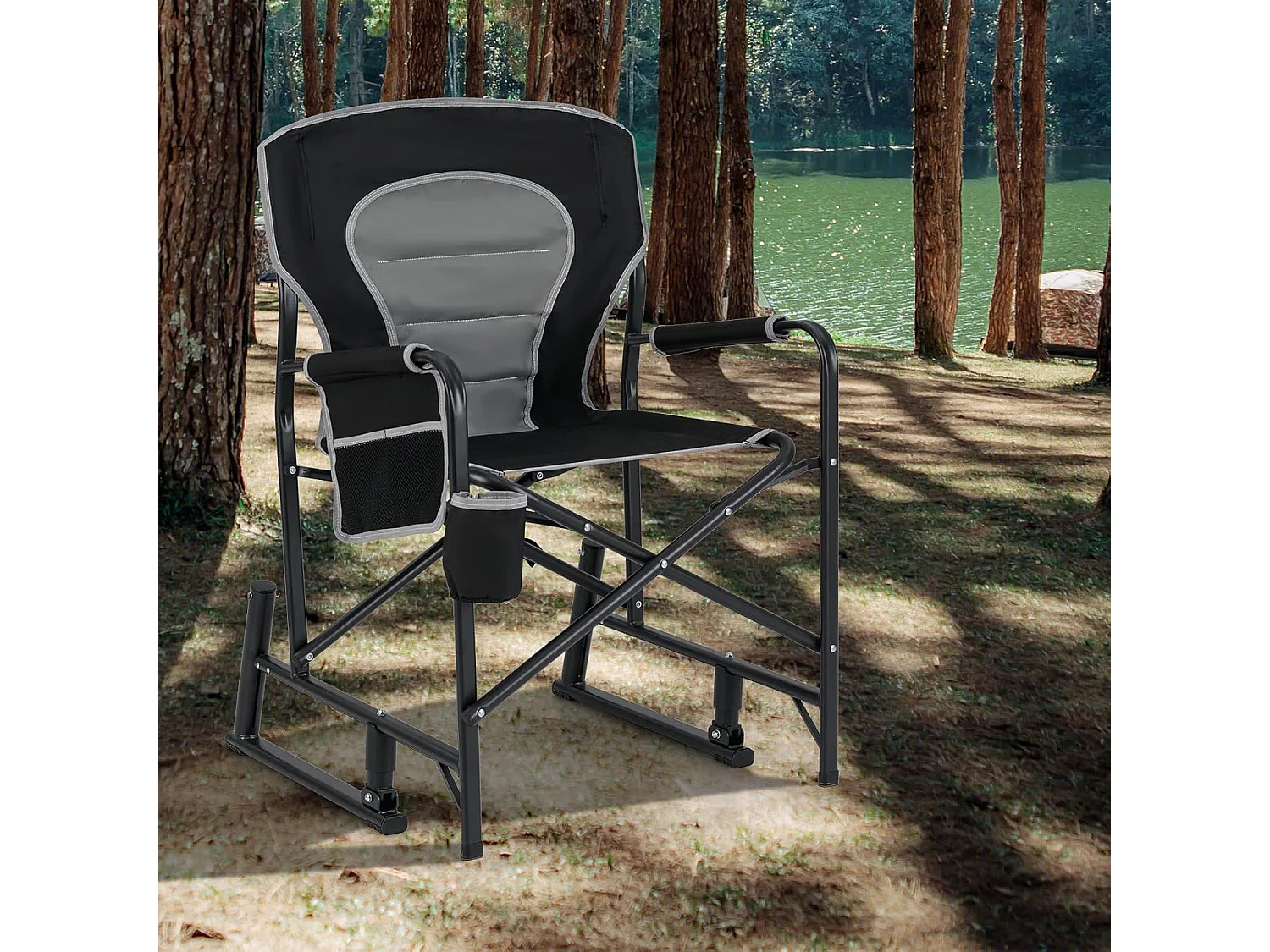Chaise de Camping Pliable avec Bascule Douce, Accoudoirs Rembourrés, Porte-Gobelet et Poche Latérale, Capacité 150 kg, Tissu Oxford Noir