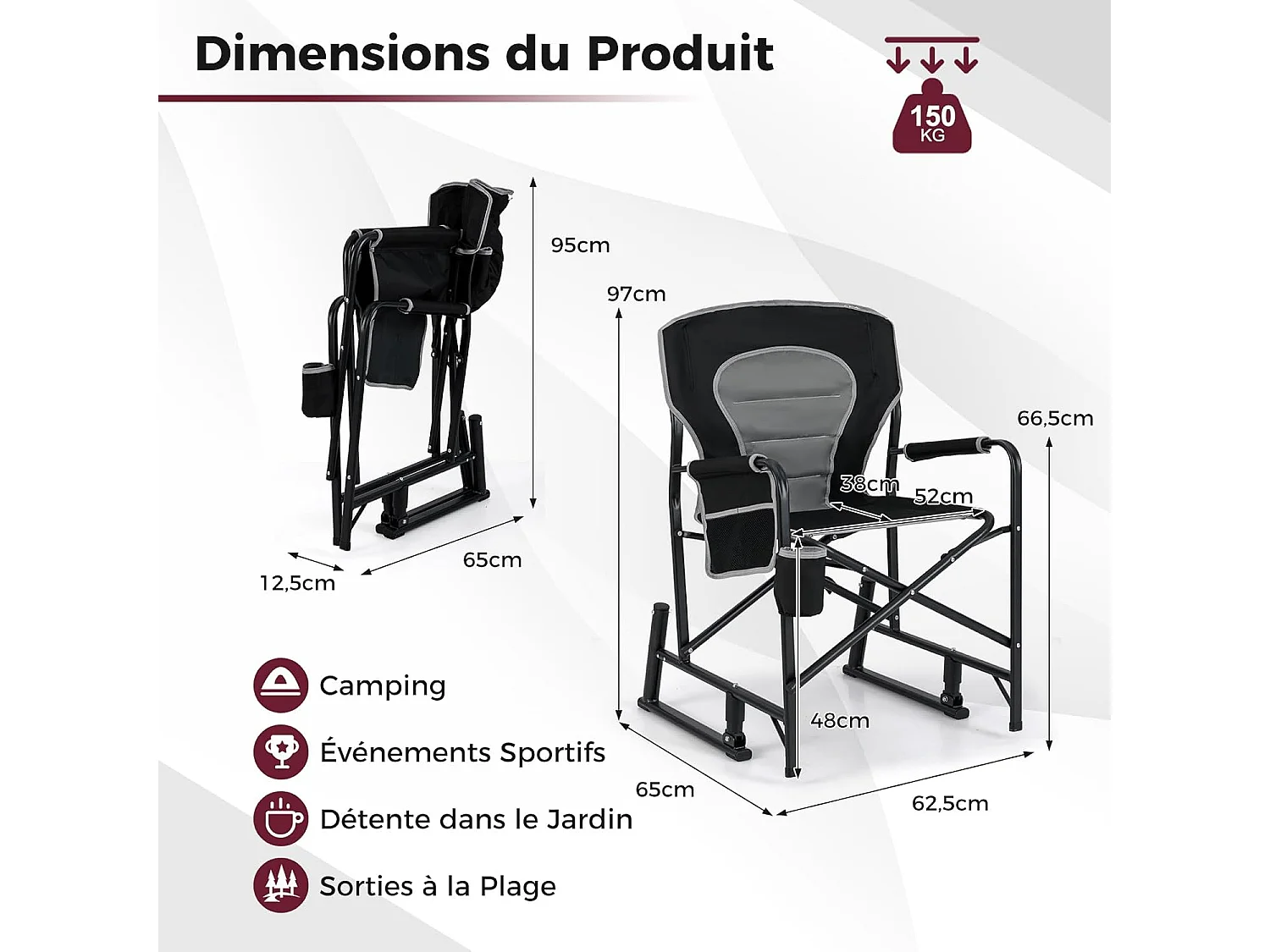 Chaise de Camping Pliable avec Bascule Douce, Accoudoirs Rembourrés, Porte-Gobelet et Poche Latérale, Capacité 150 kg, Tissu Oxford Noir