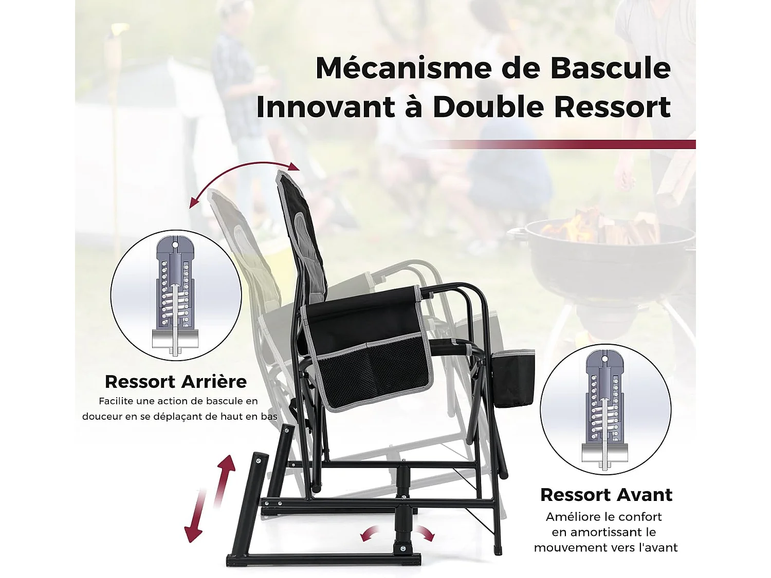 Chaise de Camping Pliable avec Bascule Douce, Accoudoirs Rembourrés, Porte-Gobelet et Poche Latérale, Capacité 150 kg, Tissu Oxford Noir