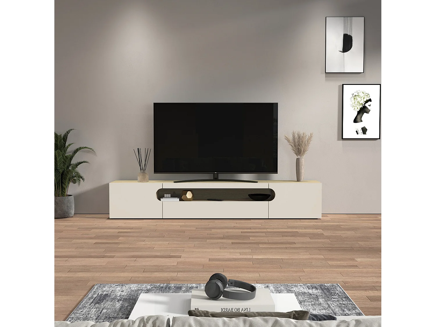 Mobile porta TV Real con 2 ante laterali 1 ribalta e 1 vano aperto cashmere e rovere chiaro 240x40x40 cm