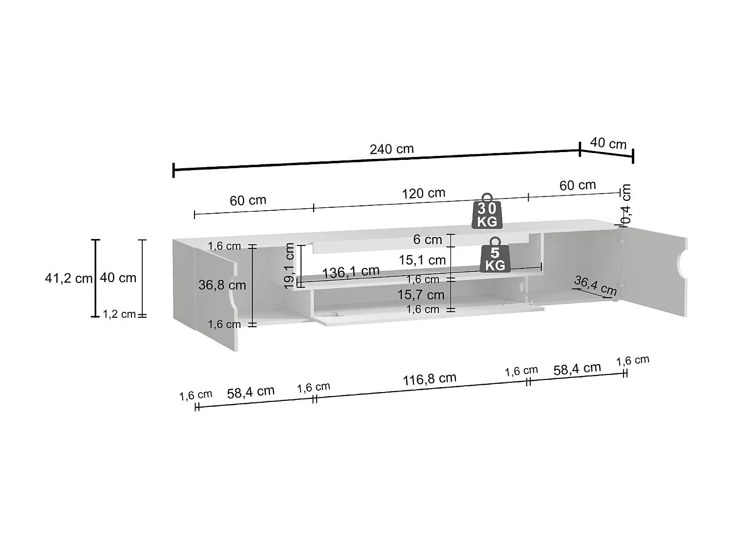 Mobile porta TV Real con 2 ante laterali 1 ribalta e 1 vano aperto cashmere e rovere chiaro 240x40x40 cm