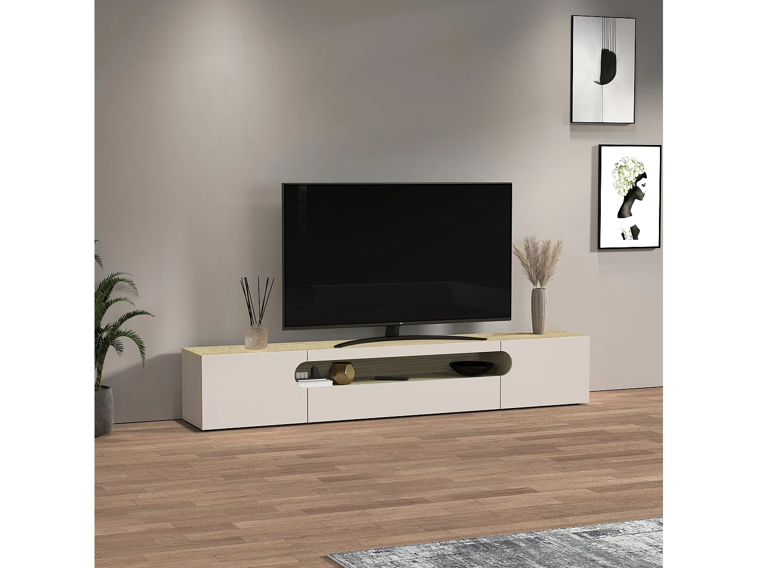 Mobile porta TV Real con 2 ante laterali 1 ribalta e 1 vano aperto cashmere e rovere chiaro 240x40x40 cm
