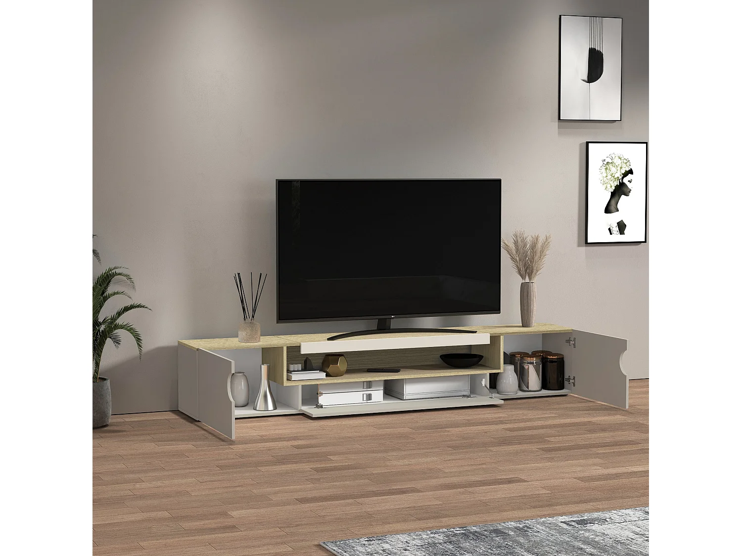 Mobile porta TV Real con 2 ante laterali 1 ribalta e 1 vano aperto cashmere e rovere chiaro 240x40x40 cm
