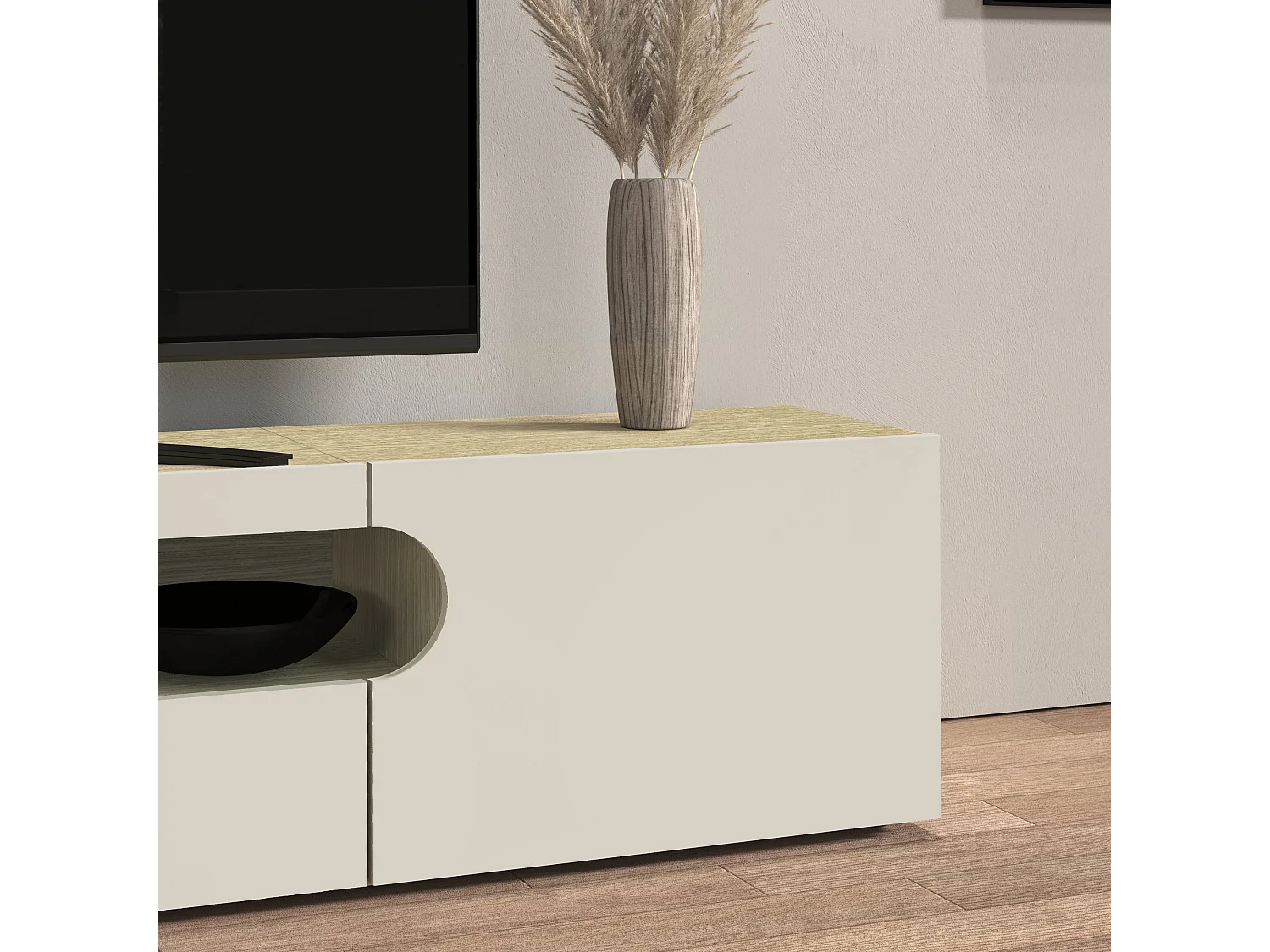 Mobile porta TV Real con 2 ante laterali 1 ribalta e 1 vano aperto cashmere e rovere chiaro 240x40x40 cm