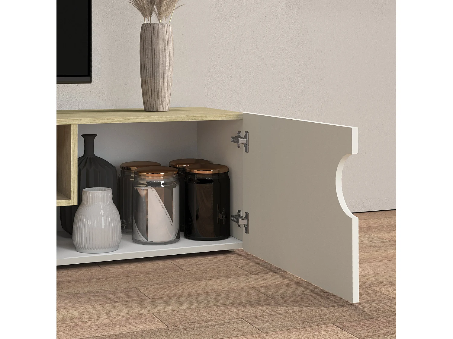 Mobile porta TV Real con 2 ante laterali 1 ribalta e 1 vano aperto cashmere e rovere chiaro 240x40x40 cm