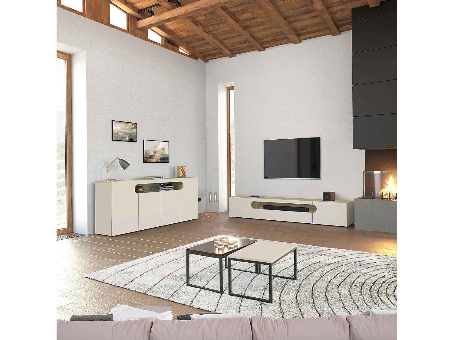 Mobile porta TV Real con 2 ante laterali 1 ribalta e 1 vano aperto cashmere e rovere chiaro 240x40x40 cm