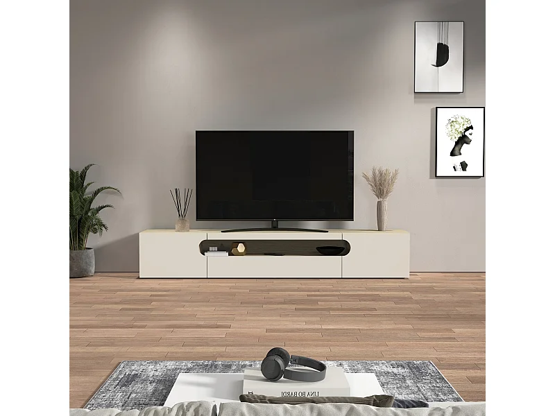Mobile porta TV Real con 2 ante laterali 1 ribalta e 1 vano aperto cashmere e rovere chiaro 240x40x40 cm