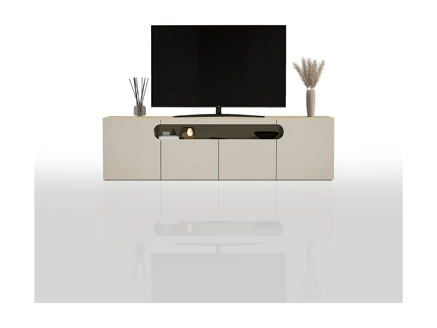 Mueble TV Real con 4 puertas y 1 compartimento abierto, color cachemira y roble claro, 200 x 40 x 60 cm