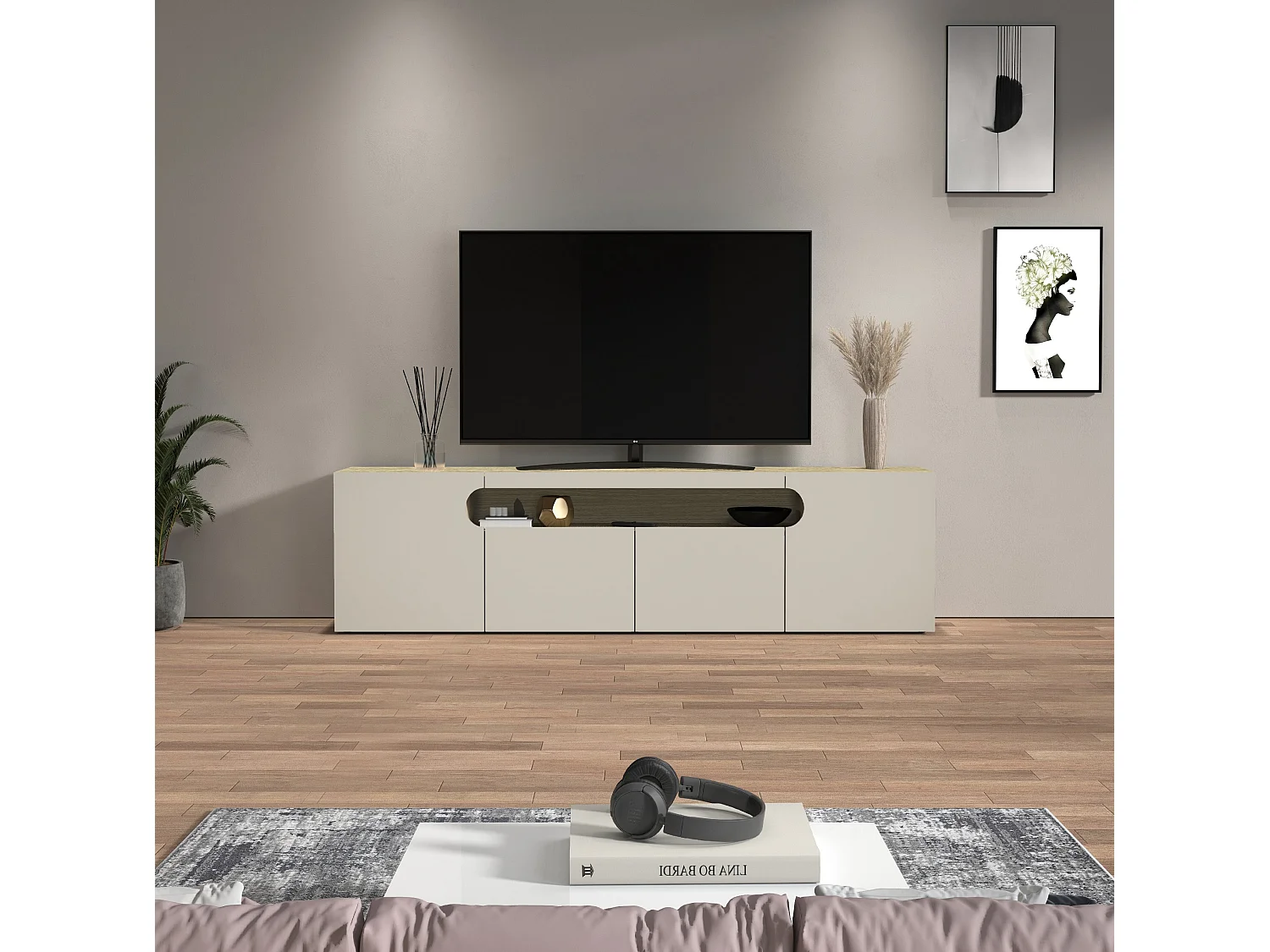 Mueble TV Real con 4 puertas y 1 compartimento abierto, color cachemira y roble claro, 200 x 40 x 60 cm