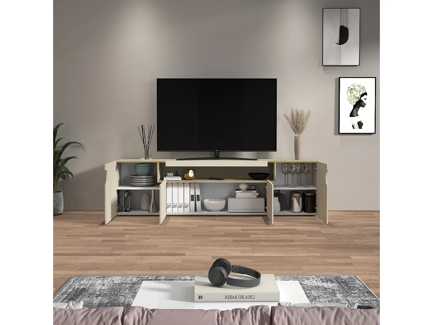 Mueble TV Real con 4 puertas y 1 compartimento abierto, color cachemira y roble claro, 200 x 40 x 60 cm
