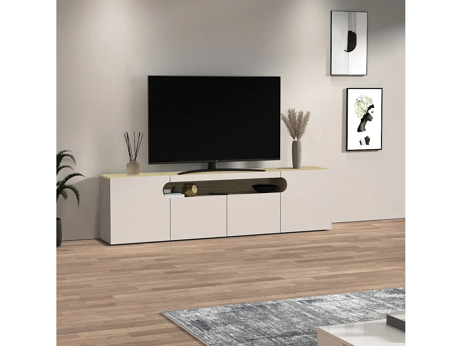 Mueble TV Real con 4 puertas y 1 compartimento abierto, color cachemira y roble claro, 200 x 40 x 60 cm