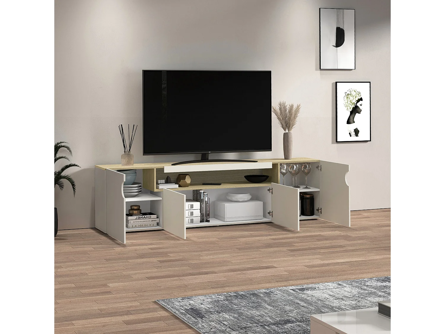 Mueble TV Real con 4 puertas y 1 compartimento abierto, color cachemira y roble claro, 200 x 40 x 60 cm