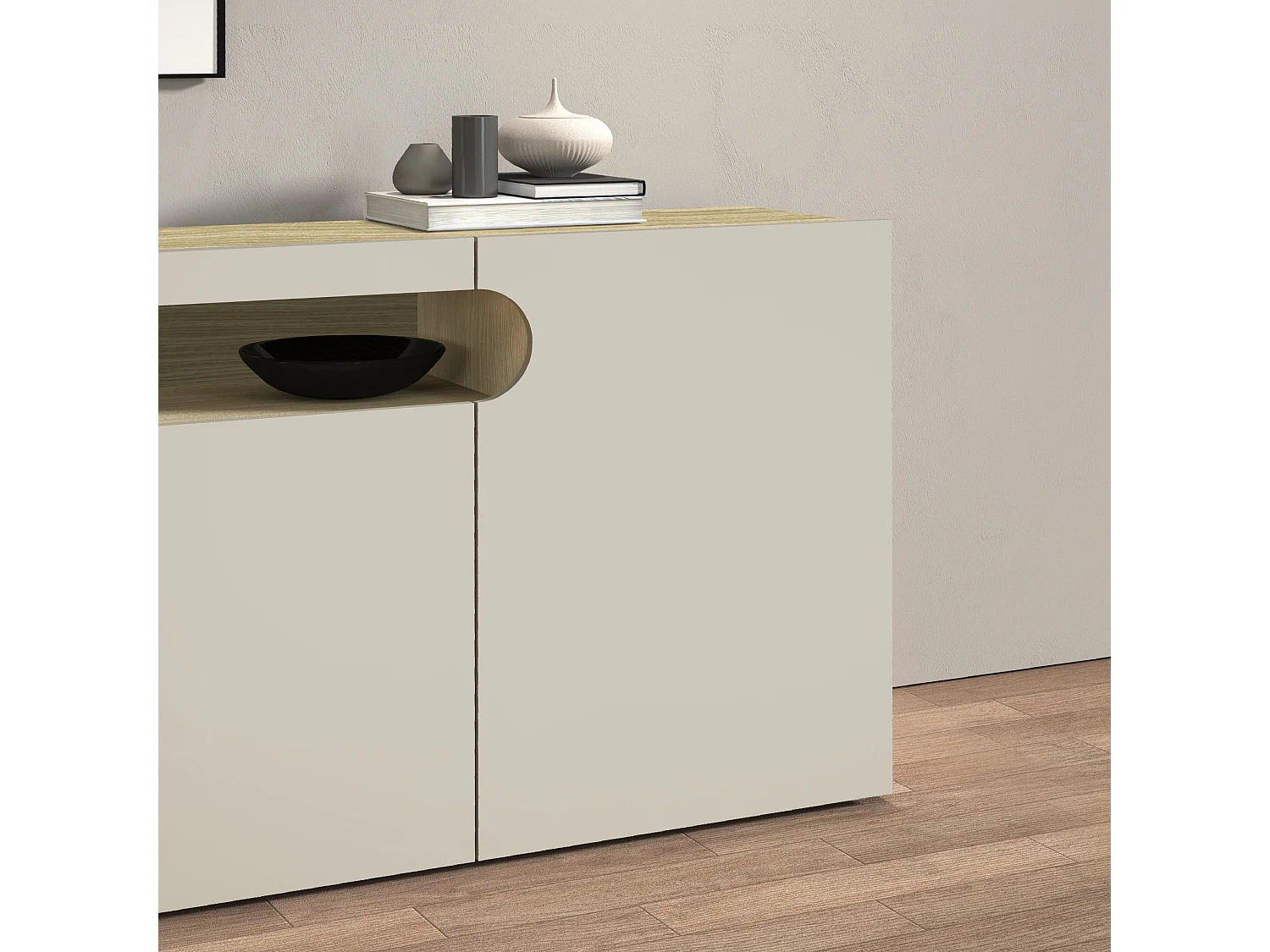 Mueble TV Real con 4 puertas y 1 compartimento abierto, color cachemira y roble claro, 200 x 40 x 60 cm