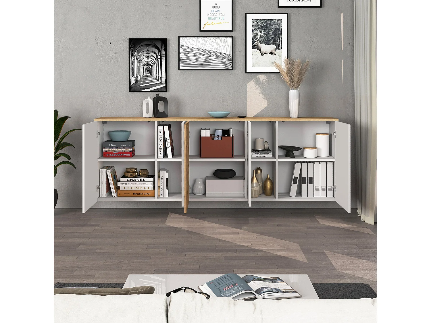 Credenza sospesa Iseo con 5 ante e 10 scomparti interni bianco lucido e rovere 200x35x70 cm