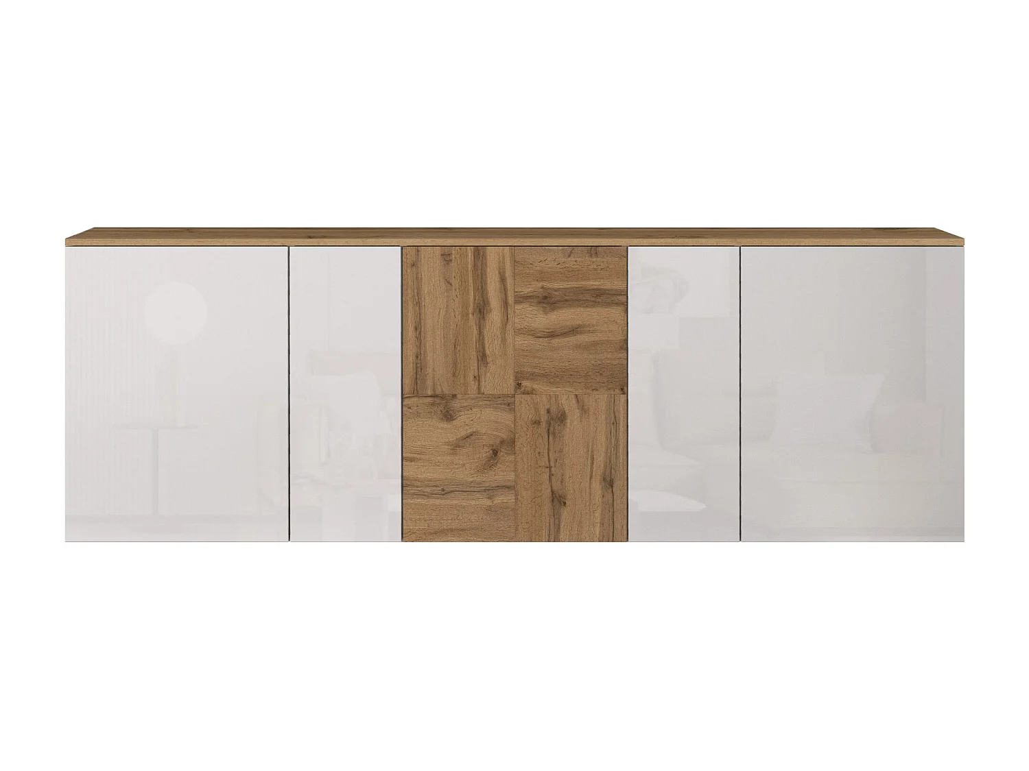 Credenza sospesa Iseo con 5 ante e 10 scomparti interni bianco lucido e rovere 200x35x70 cm