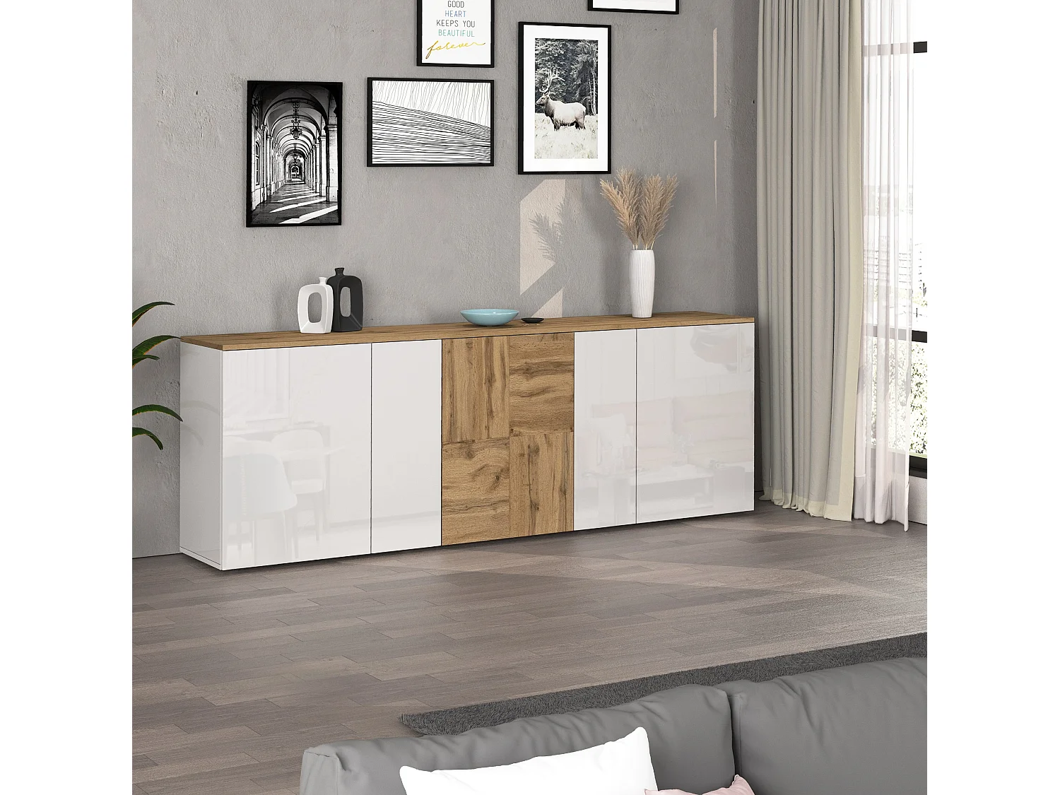 Credenza sospesa Iseo con 5 ante e 10 scomparti interni bianco lucido e rovere 200x35x70 cm