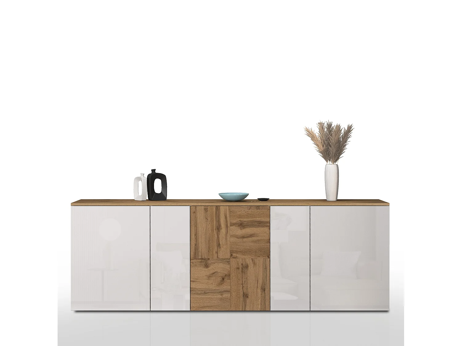 Credenza sospesa Iseo con 5 ante e 10 scomparti interni bianco lucido e rovere 200x35x70 cm