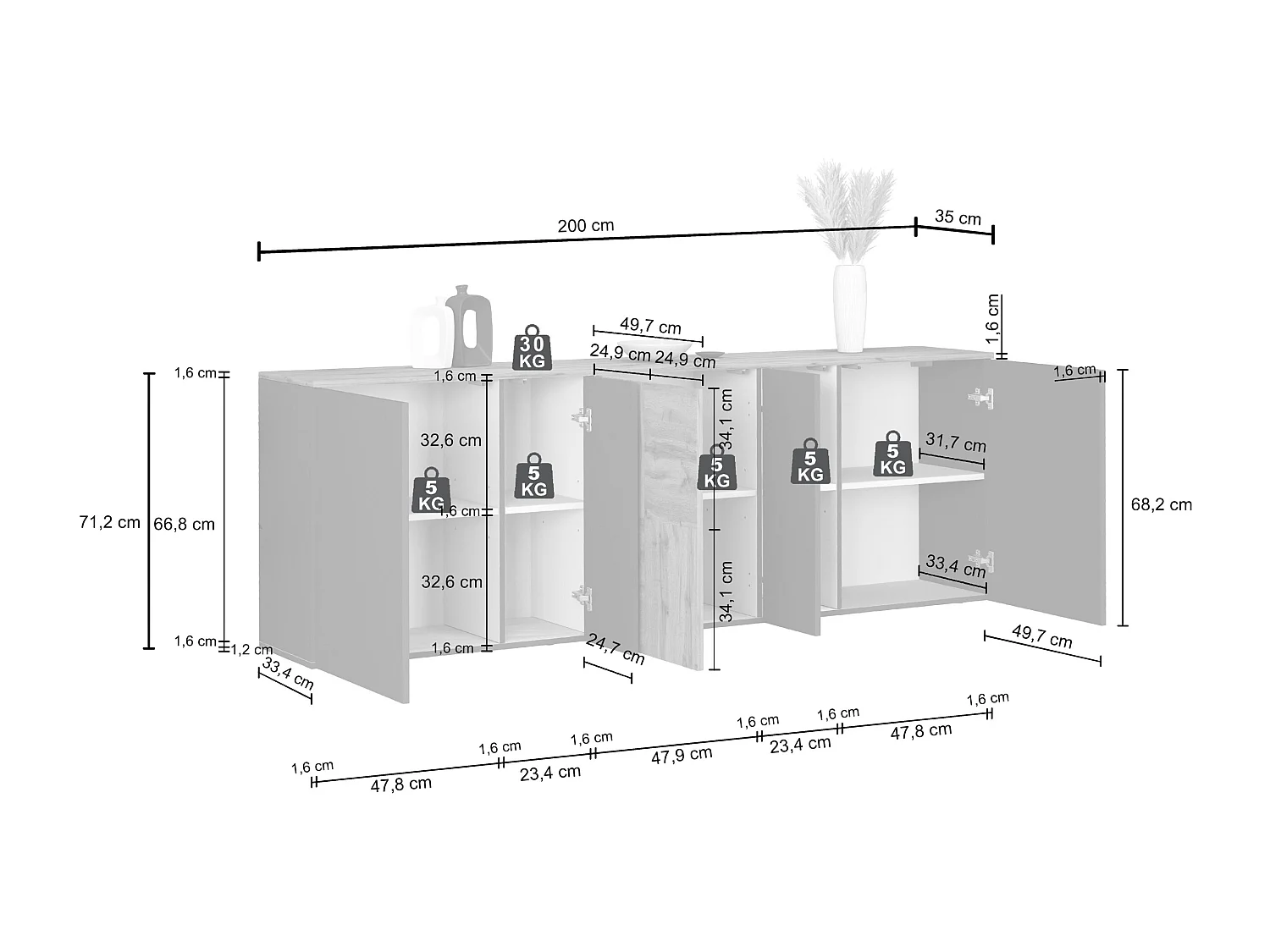 Credenza sospesa Iseo con 5 ante e 10 scomparti interni bianco lucido e rovere 200x35x70 cm