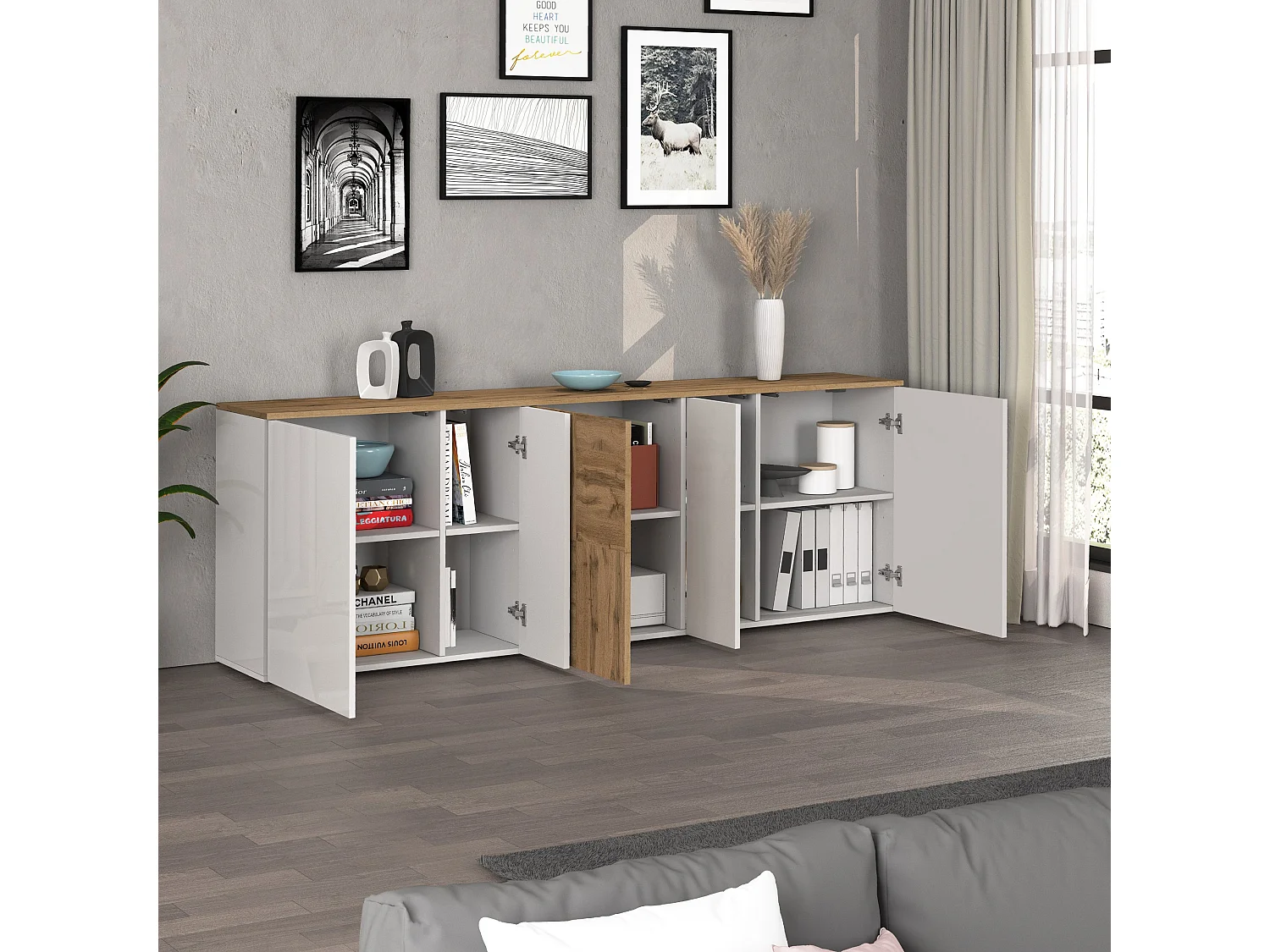 Credenza sospesa Iseo con 5 ante e 10 scomparti interni bianco lucido e rovere 200x35x70 cm