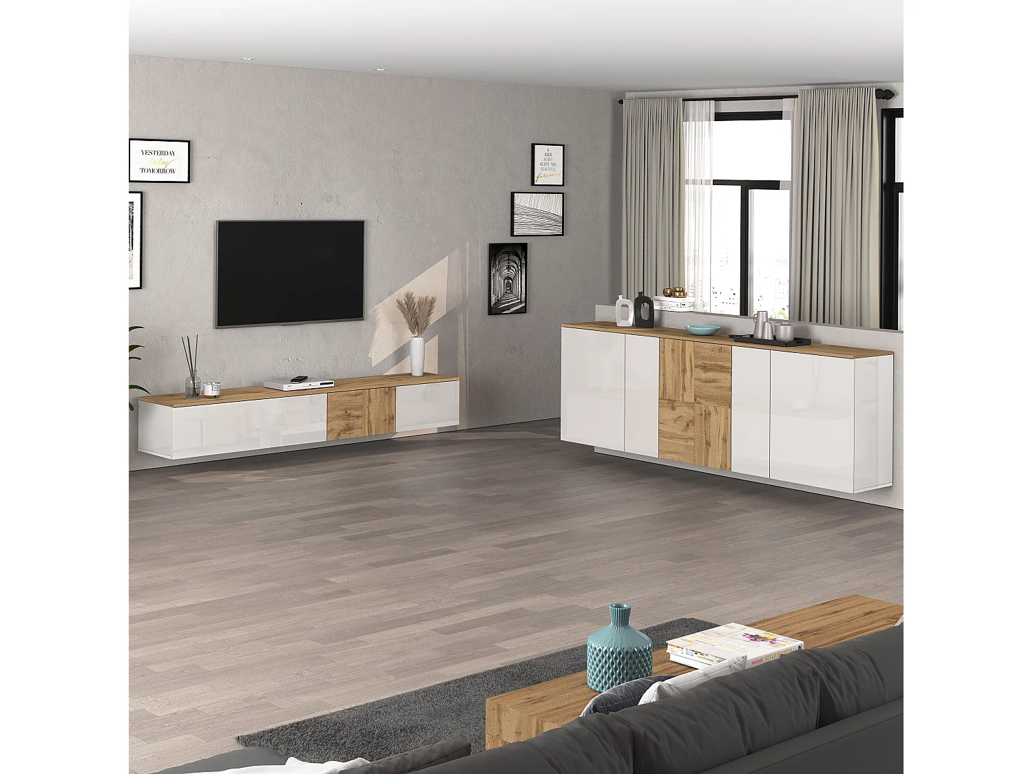 Credenza sospesa Iseo con 5 ante e 10 scomparti interni bianco lucido e rovere 200x35x70 cm
