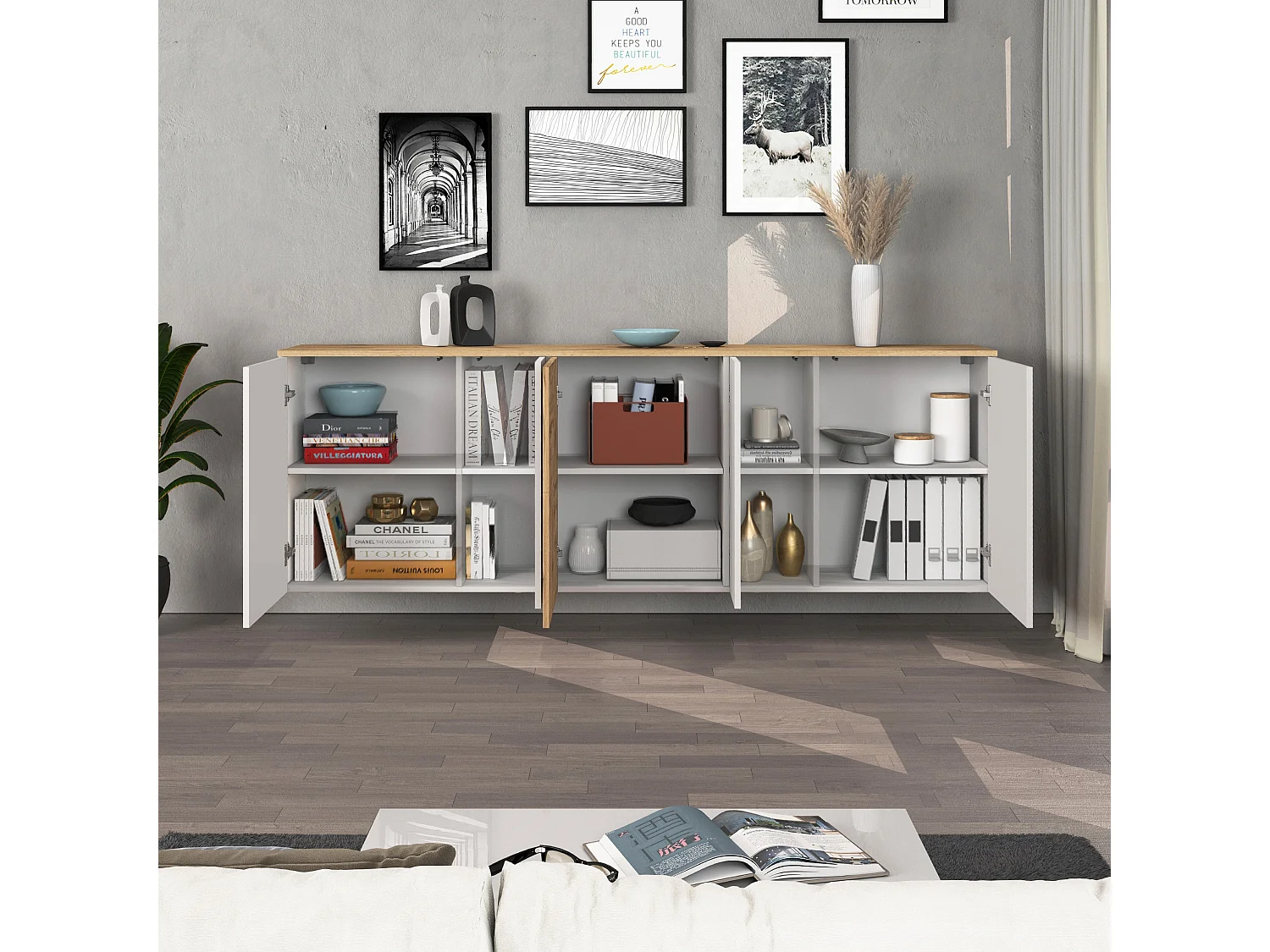 Credenza sospesa Iseo con 5 ante e 6 scomparti interni bianco lucido e rovere 200x35x70 cm