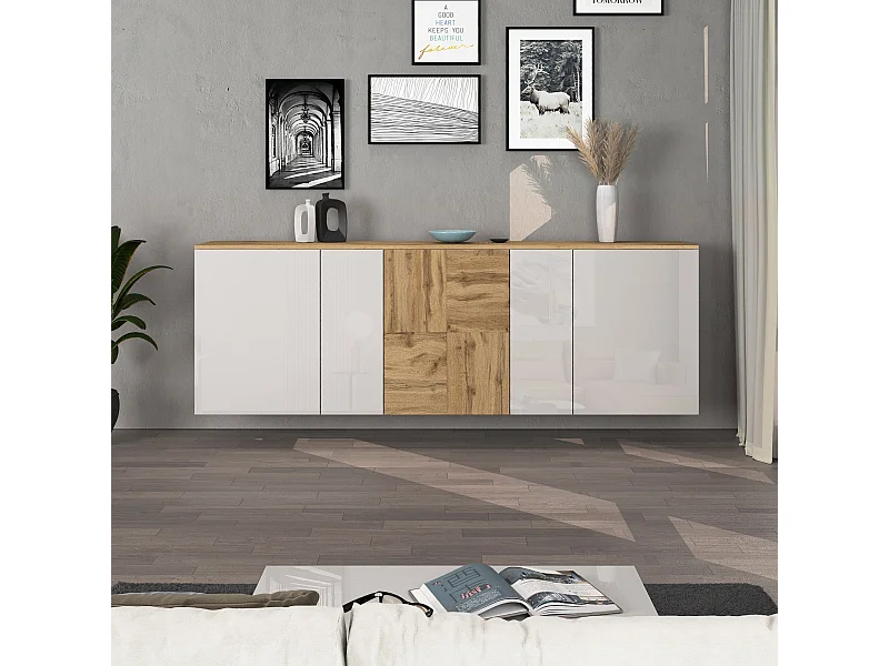 Credenza sospesa Iseo con 5 ante e 10 scomparti interni bianco lucido e rovere 200x35x70 cm