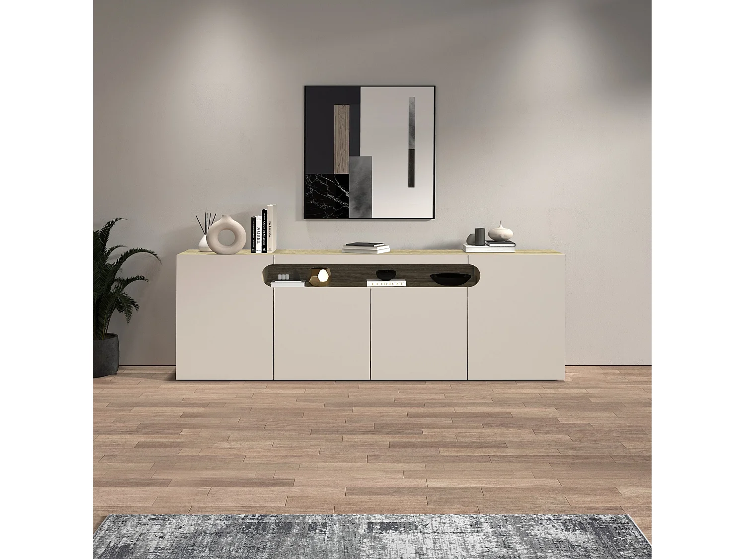 Credenza Real con 4 ante e 1 vano aperto cashmere e rovere chiaro 200x40x80 cm