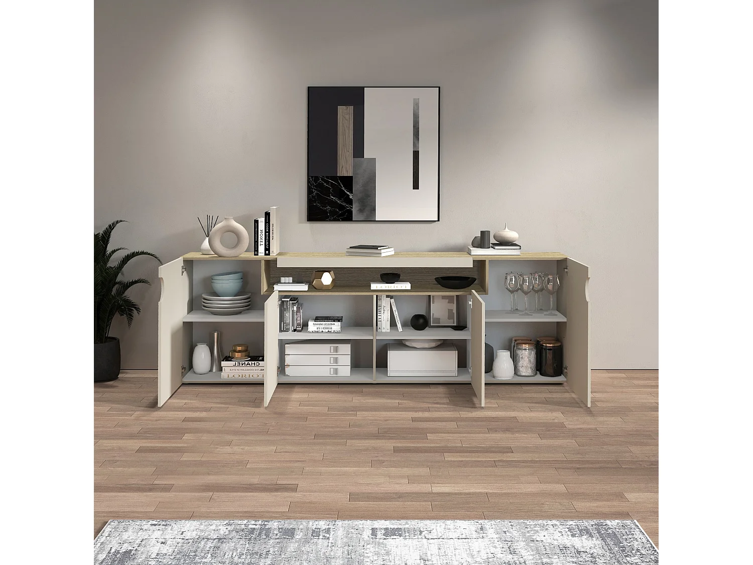 Credenza Real con 4 ante e 1 vano aperto cashmere e rovere chiaro 200x40x80 cm