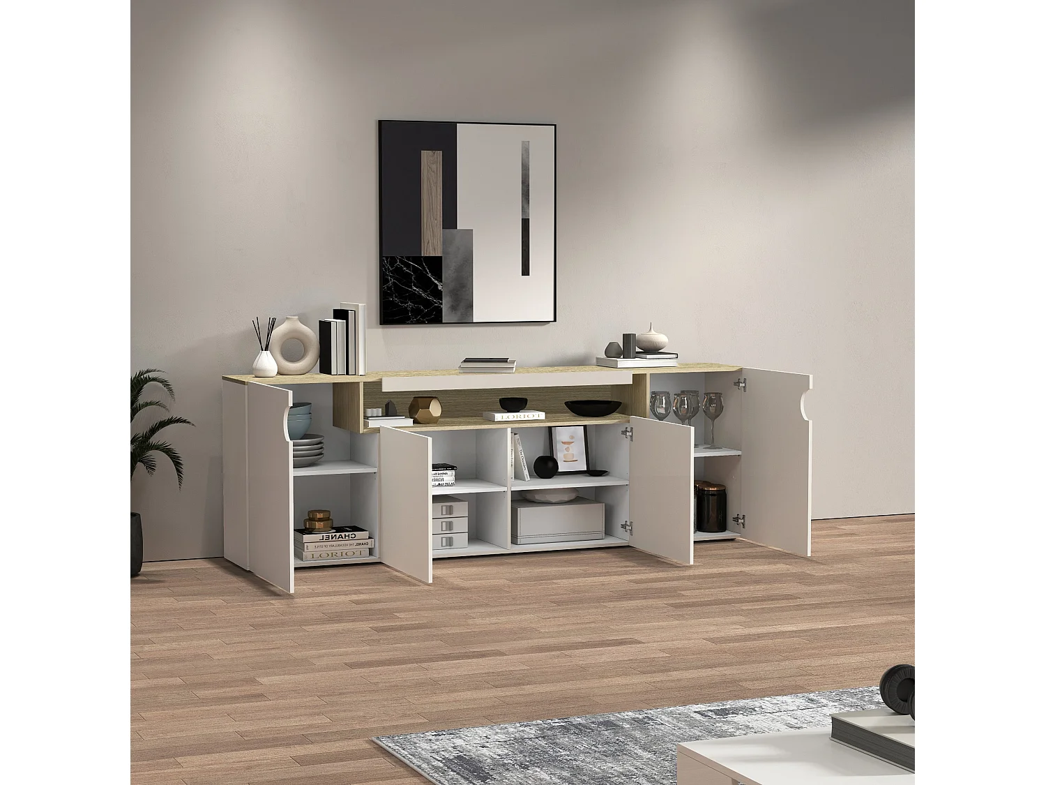 Credenza Real con 4 ante e 1 vano aperto cashmere e rovere chiaro 200x40x80 cm