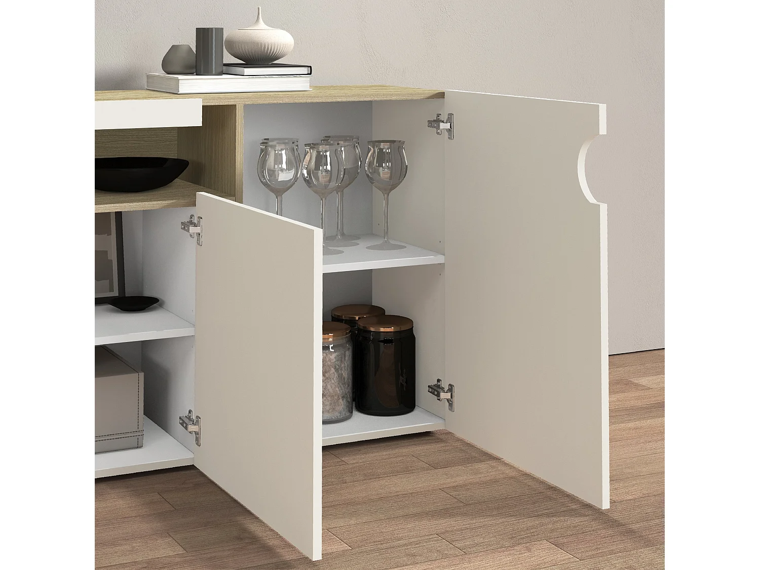 Credenza Real con 4 ante e 1 vano aperto cashmere e rovere chiaro 200x40x80 cm