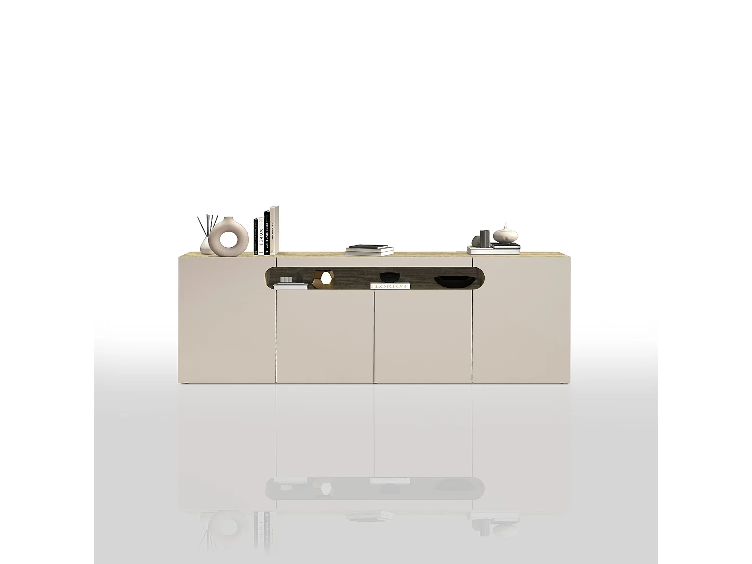 Credenza Real con 4 ante e 1 vano aperto cashmere e rovere chiaro 200x40x80 cm