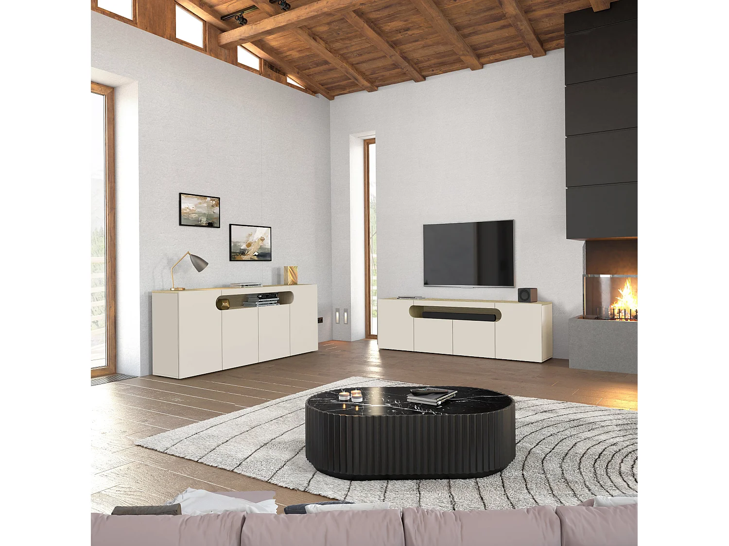 Credenza Real con 4 ante e 1 vano aperto cashmere e rovere chiaro 200x40x80 cm