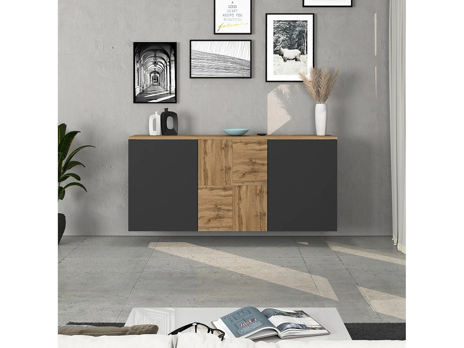 Credenza sospesa Iseo con 3 ante e 6 scomparti interni antracite opaco e rovere 150x35x70 cm