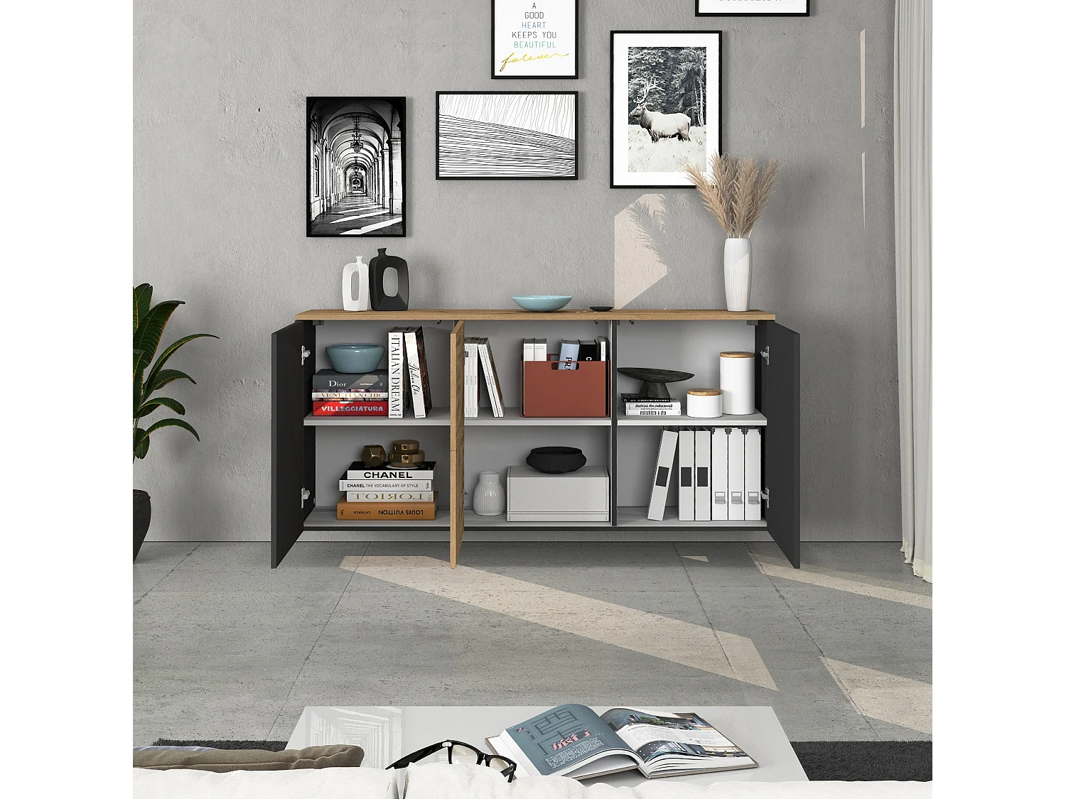 Credenza sospesa Iseo con 3 ante e 6 scomparti interni antracite opaco e rovere 150x35x70 cm