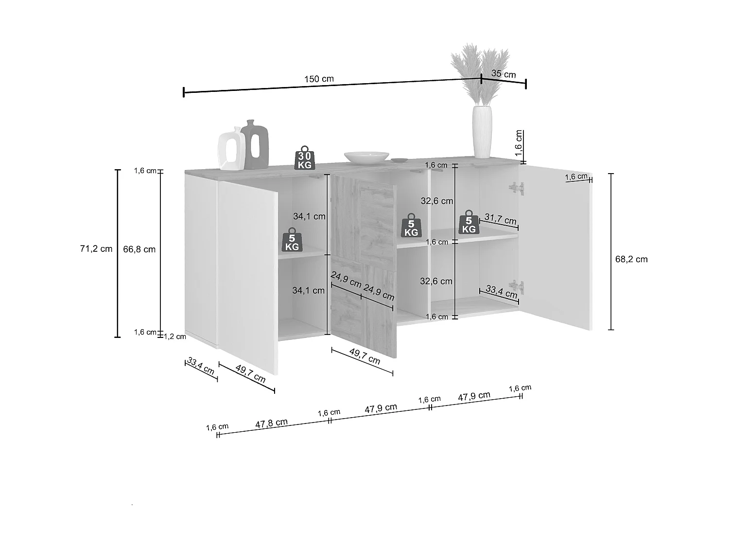 Credenza sospesa Iseo con 3 ante e 6 scomparti interni antracite opaco e rovere 150x35x70 cm