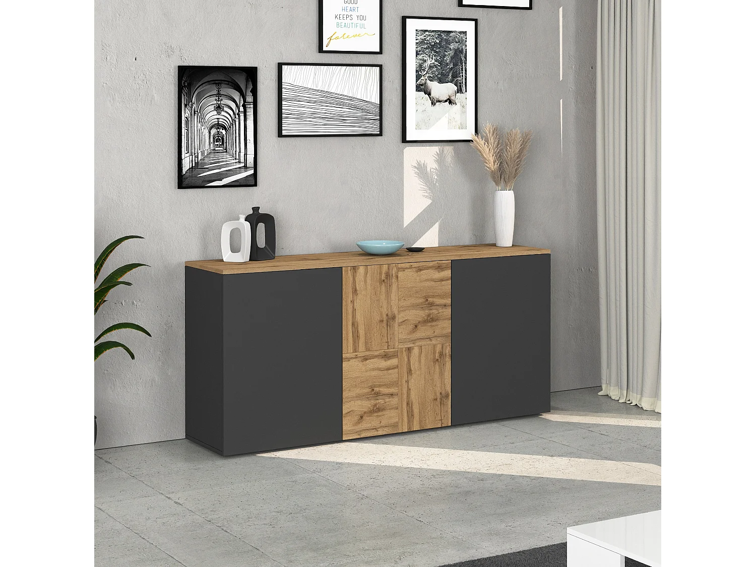 Credenza sospesa Iseo con 3 ante e 6 scomparti interni antracite opaco e rovere 150x35x70 cm