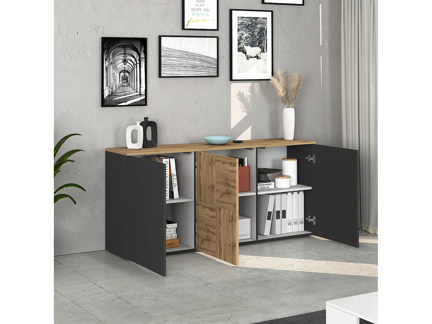 Credenza sospesa Iseo con 3 ante e 6 scomparti interni antracite opaco e rovere 150x35x70 cm