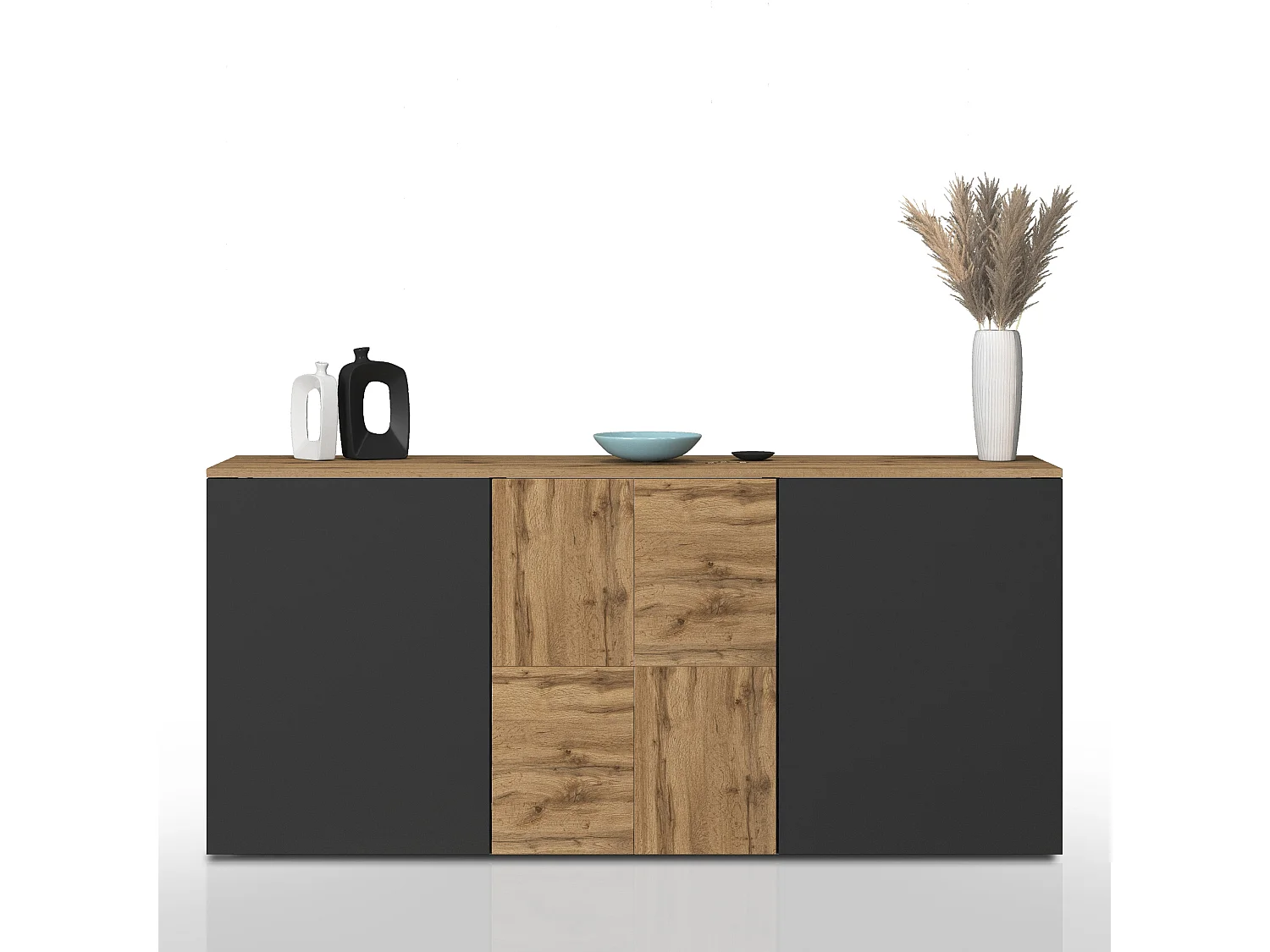 Credenza sospesa Iseo con 3 ante e 6 scomparti interni antracite opaco e rovere 150x35x70 cm