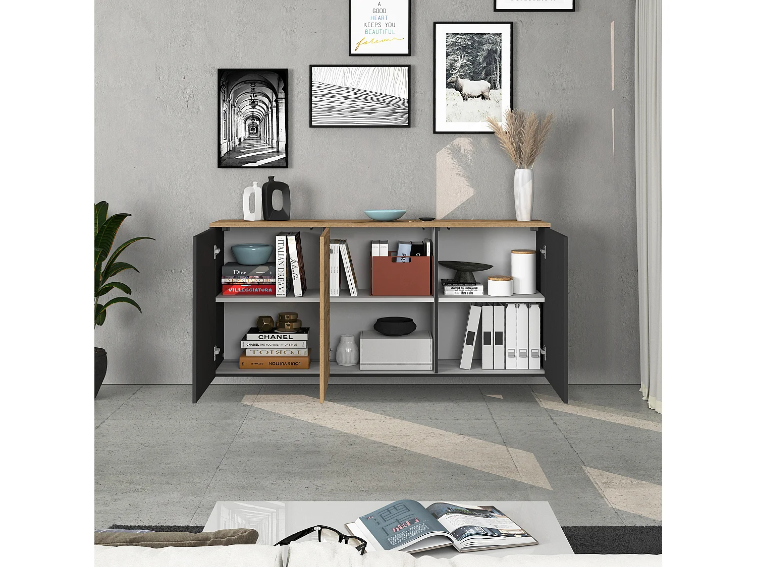 Credenza sospesa Iseo con 3 ante e 6 scomparti interni antracite opaco e rovere 150x35x70 cm