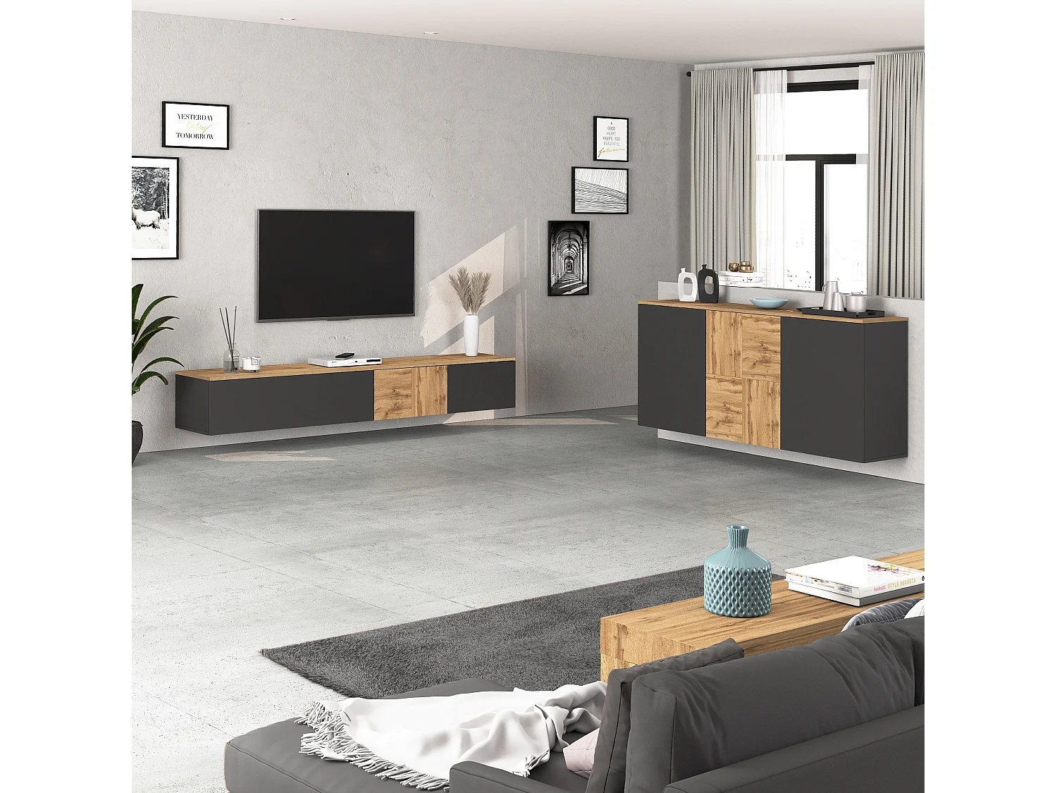 Credenza sospesa Iseo con 3 ante e 6 scomparti interni antracite opaco e rovere 150x35x70 cm