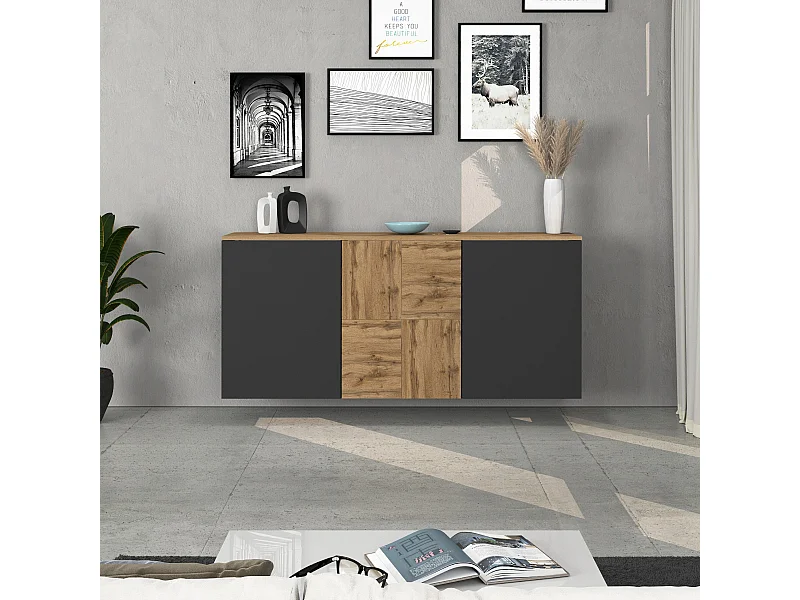Credenza sospesa Iseo con 3 ante e 6 scomparti interni antracite opaco e rovere 150x35x70 cm