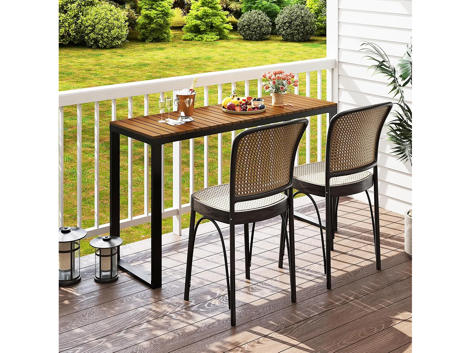 Tuintafel, weerbestendig, 129 x 42 cm, terrastafel met WPC-tafelblad en metalen frame, rechthoekige balkontafel, outdoor-eettafel voor balkon, terras, tuin